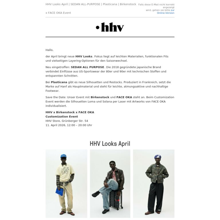 HHV Looks April | SEDAN ALL-PURPOSE | Plasticana | Birkenstock x FACE OKA Event - newsletter screenshot