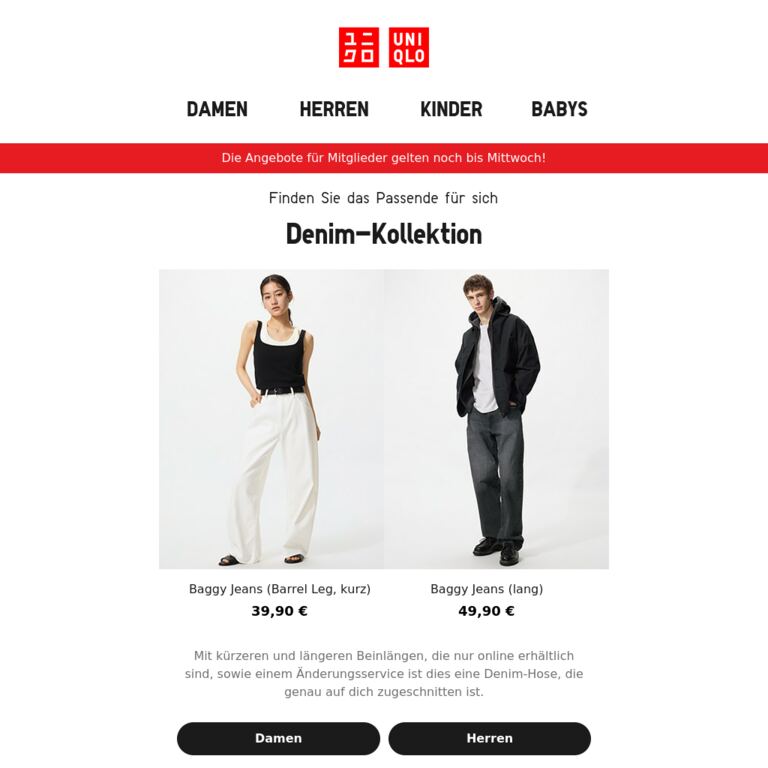 Jeans in drei Beinlängen - newsletter screenshot