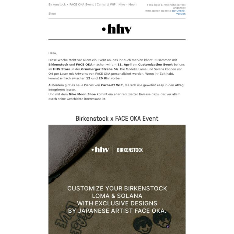 Birkenstock x FACE OKA Event | Carhartt WIP | Nike - Moon Shoe OG SP - newsletter screenshot