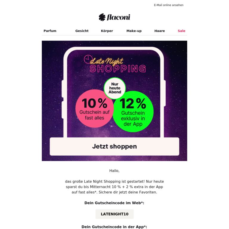 ⭐ Jetzt live: 12% im Late Night Shopping ⭐ - newsletter screenshot