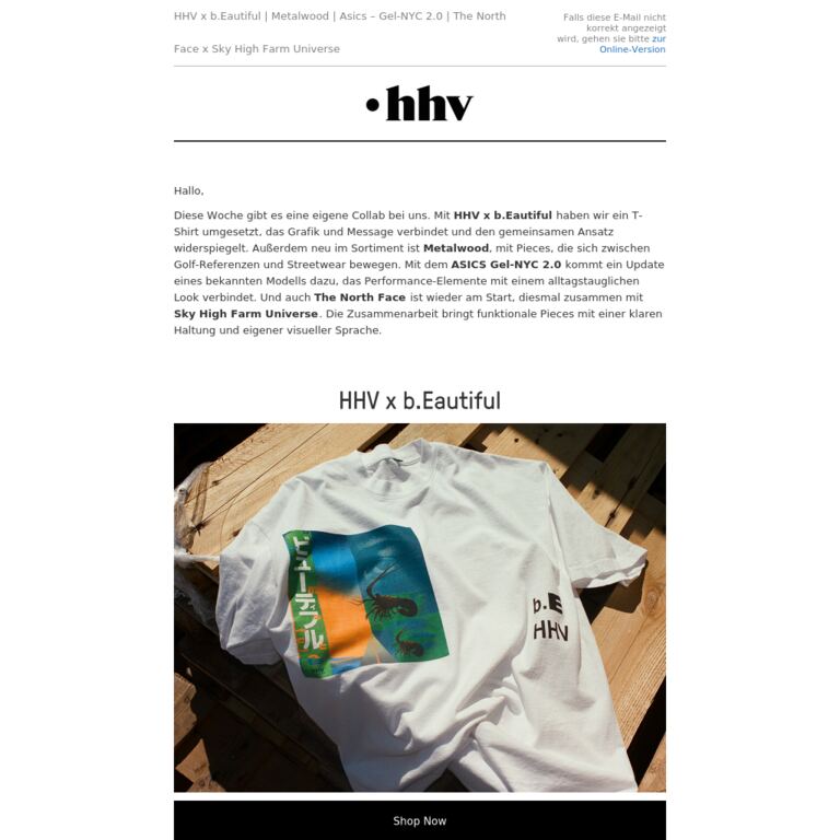 HHV x b.Eautiful | Metalwood | Asics - Gel-NYC 2.0 | The North Face x Sky High Farm Universe - newsletter screenshot