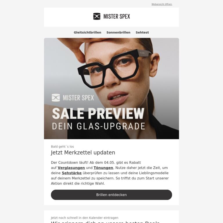 Ab dem 04.05. gibt's Rabatt auf deine Gläser – sei bereit - newsletter screenshot