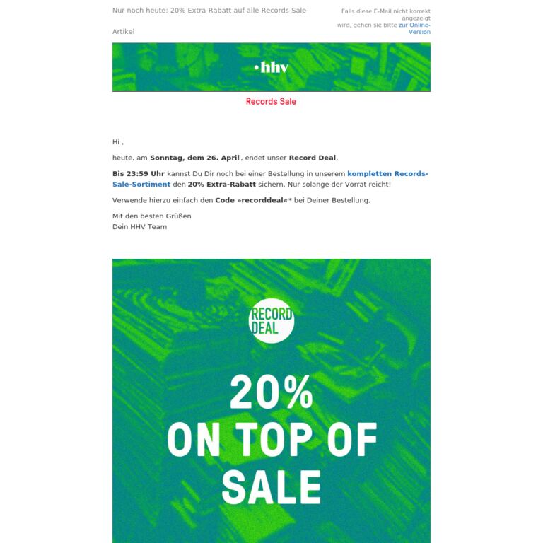 Nur noch bis 23:59 Uhr - 20% Extra-Rabatt auf alle Records Sale Artikel! - newsletter screenshot