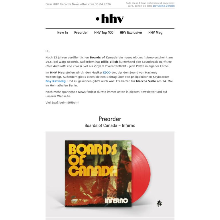 Boards of Canada | Billie Eilish | IZCO | Marcos Valle Verlosung - newsletter screenshot