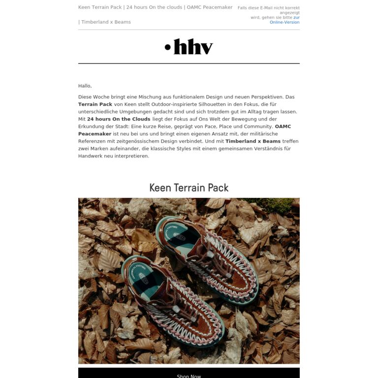 Keen Terrain Pack | 24 hours On the clouds | OAMC Peacemaker | Timberland x Beams - newsletter screenshot
