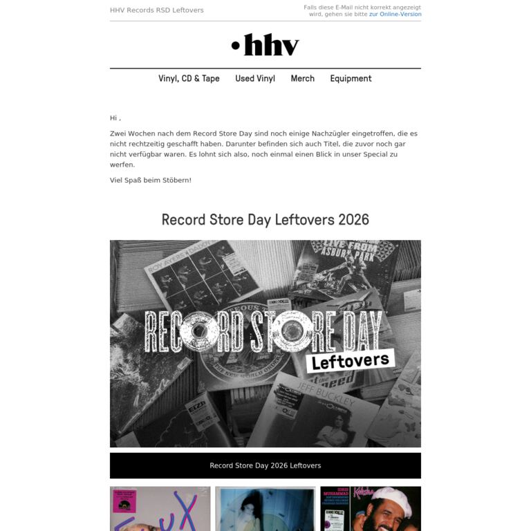 HHV Record Store Day Leftovers 2026 - newsletter screenshot