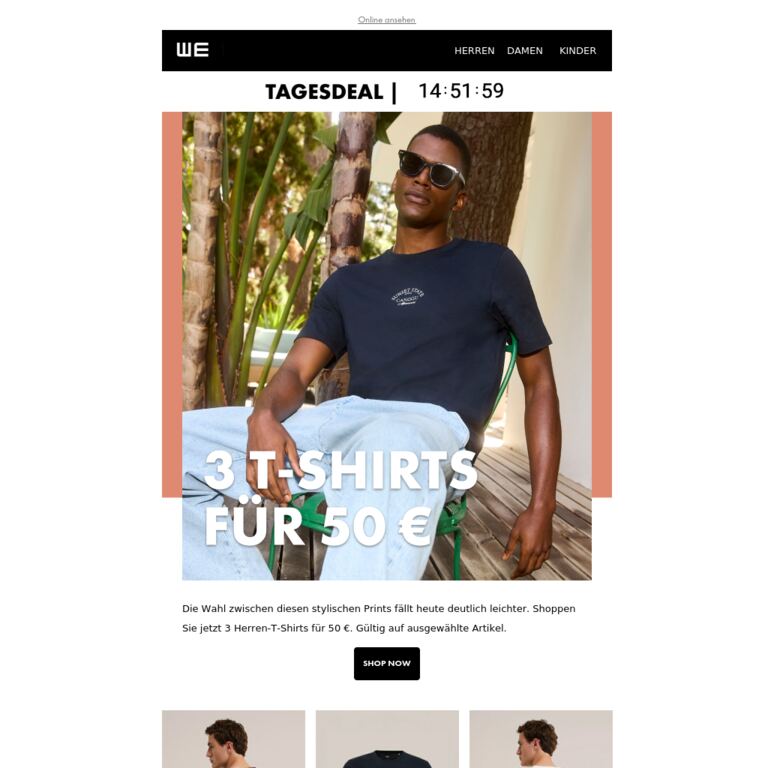 Tagesdeal: jetzt 3 T-Shirts für 50 € - newsletter screenshot