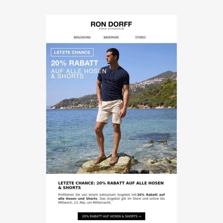 Letzte Chance: 20% Rabatt auf alle Hosen & Shorts - newsletter screenshot
