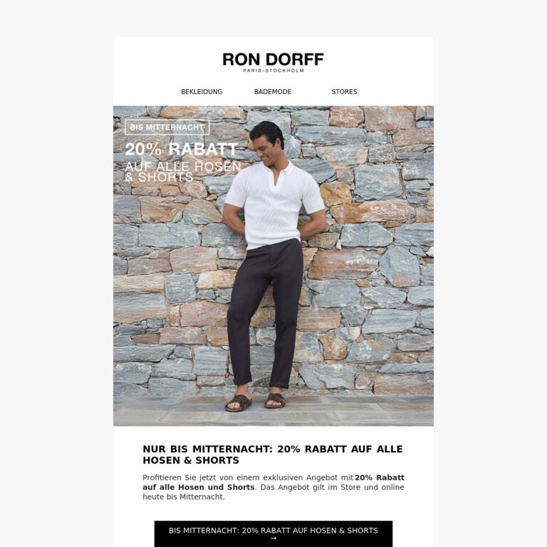 Bis Mitternacht: 20% Rabatt auf Hosen & Shorts - newsletter screenshot