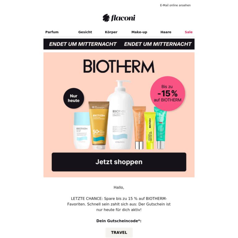 📢 Bis zu 15 % auf BIOTHERM - newsletter screenshot