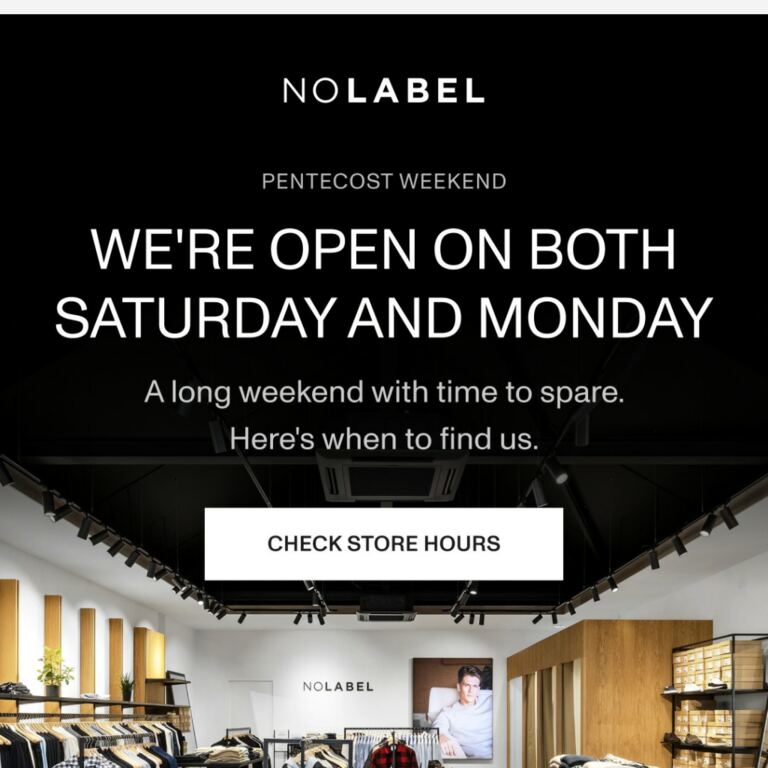 Our store opening hours for the long weekend - newsletter screenshot
