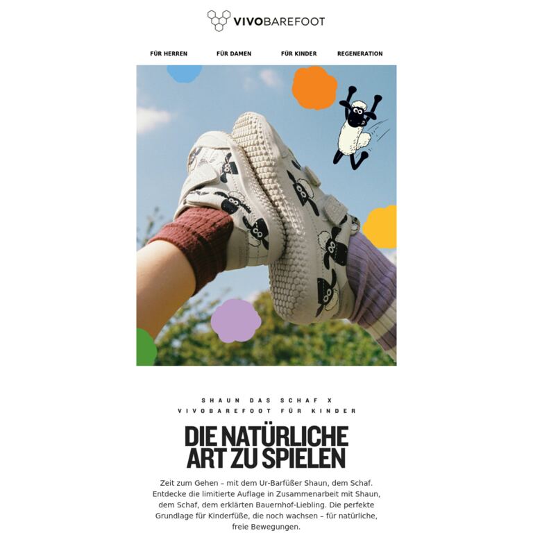 Shaun das Schaf x Vivobarefoot für Kinder - newsletter screenshot