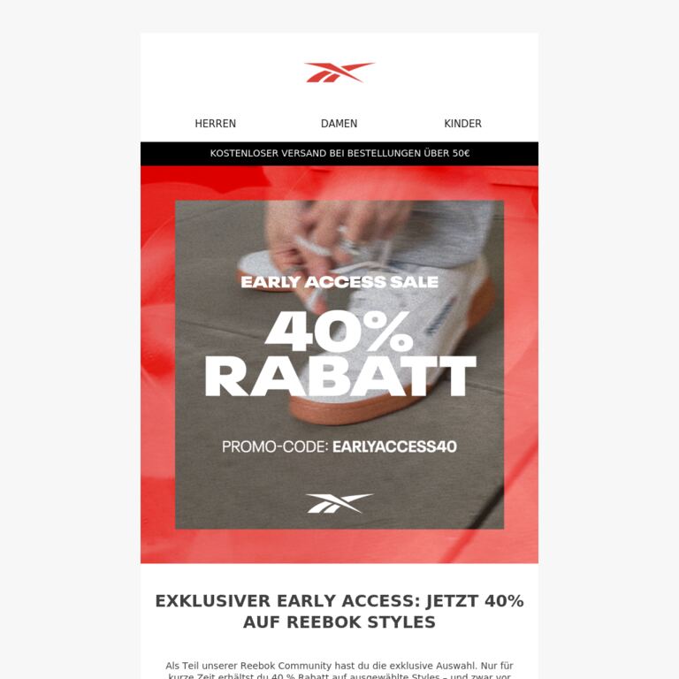 Early Access Reminder: Sichere Dir 40% Rabatt, bevor es alle anderen tun - newsletter screenshot