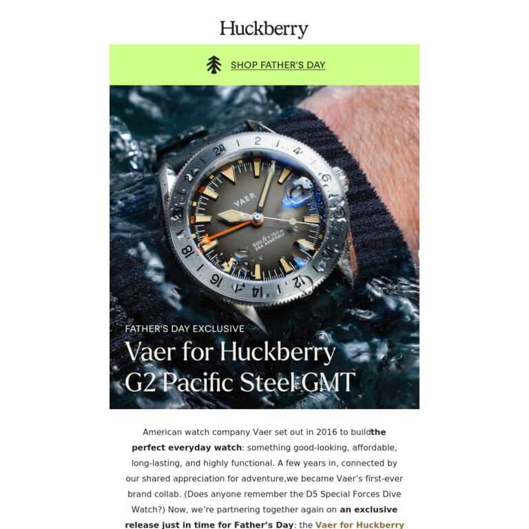 Introducing: Vaer for Huckberry G2 Pacific Steel GMT - newsletter screenshot