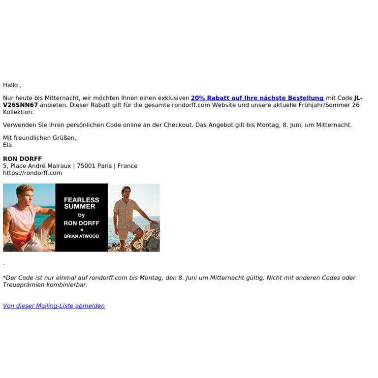 Bis Mitternacht: 20% Rabatt auf die gesamte RD-Kollektion - newsletter screenshot