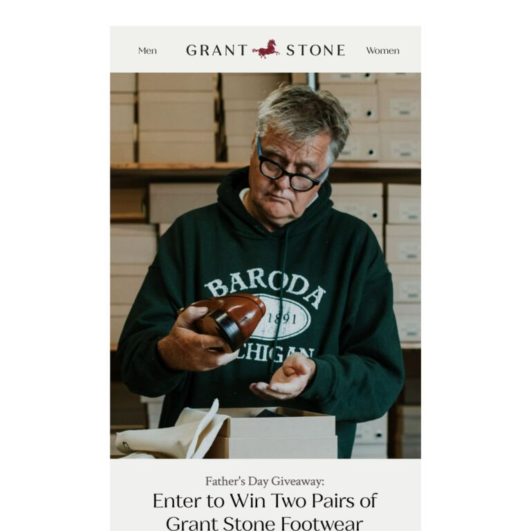 Enter to Win Two Pairs of Grant Stone Footwear - newsletter screenshot