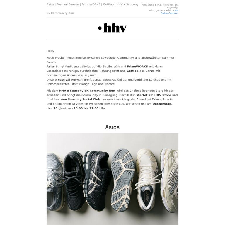 Asics | Festival Season | FrizmWORKS | Gottlob | HHV x Saucony 5k Community Run - newsletter screenshot