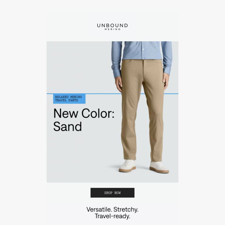 Just Dropped: A New Travel Pant Color. - newsletter screenshot
