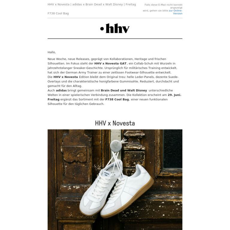 HHV x Novesta | adidas x Brain Dead x Walt Disney | Freitag F738 Cool Bag - newsletter screenshot