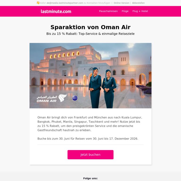 Oman Air: Flüge mit bis zu 15 % Rabatt - newsletter screenshot