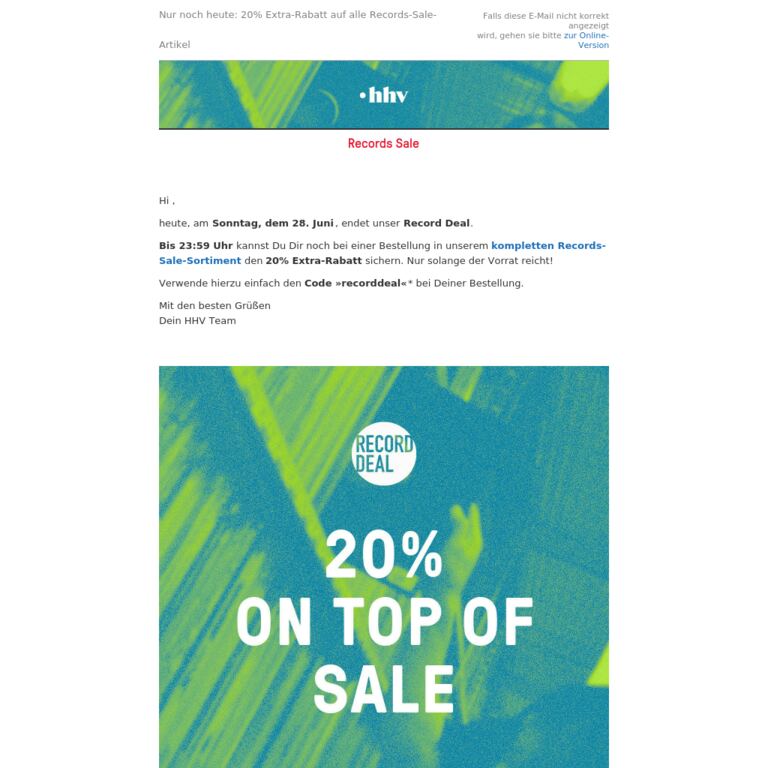 Nur noch bis 23:59 Uhr - 20% Extra-Rabatt auf alle Records Sale Artikel! - newsletter screenshot