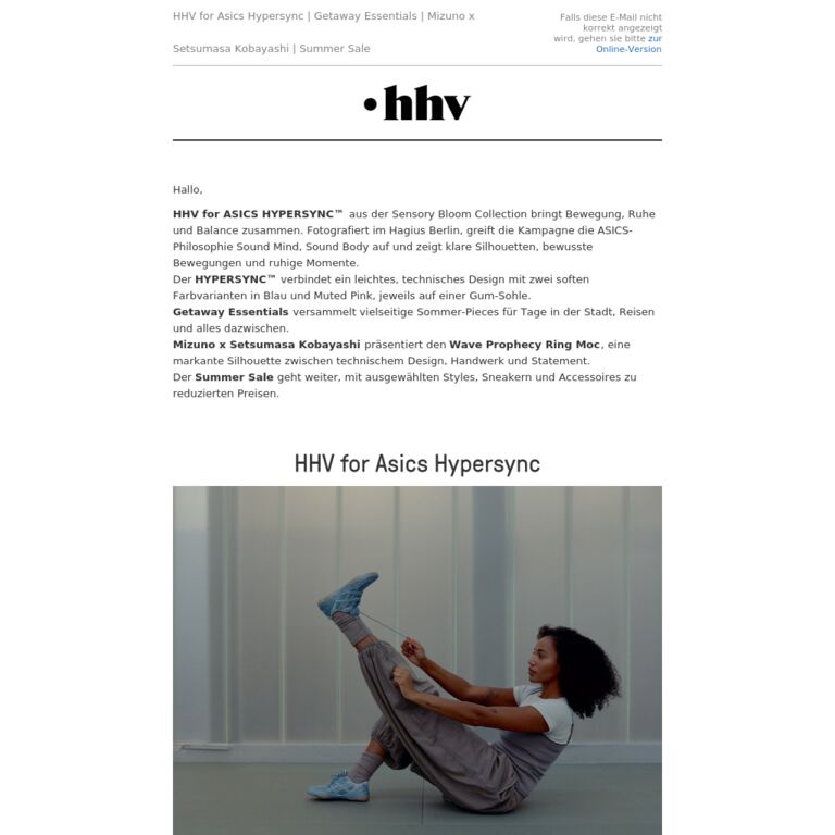 HHV for Asics HYPERSYNC™ | Getaway Essentials | Mizuno x Setsumasa Kobayashi | Summer Sale - newsletter screenshot