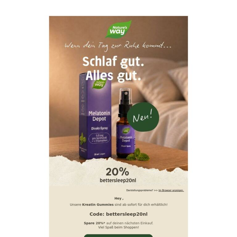 🎉20% für dich . Entdecke unser neues Melatonin Direkt-Spray! 🌙 - newsletter screenshot
