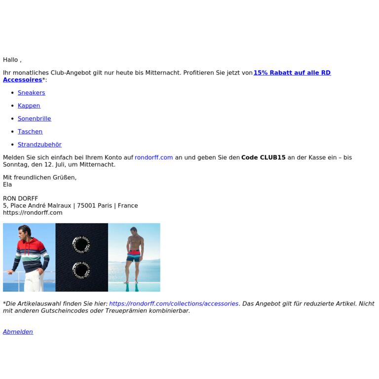Ihr monatliches Club-Angebot endet um Mitternacht: 15% Rabatt auf RD Accessoires - newsletter screenshot