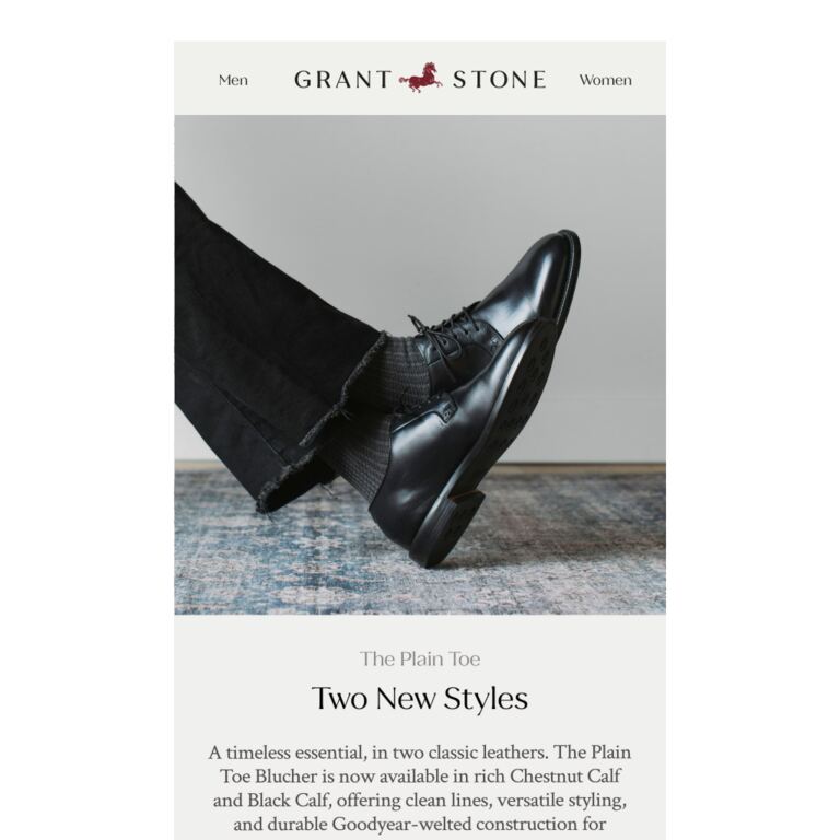 New Plain Toe Bluchers in Black & Chestnut Calf - newsletter screenshot