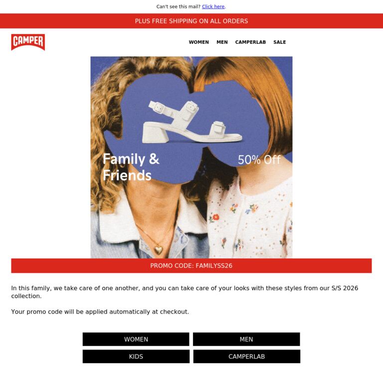 Family & Friends | 50% Off Starts Now - newsletter screenshot