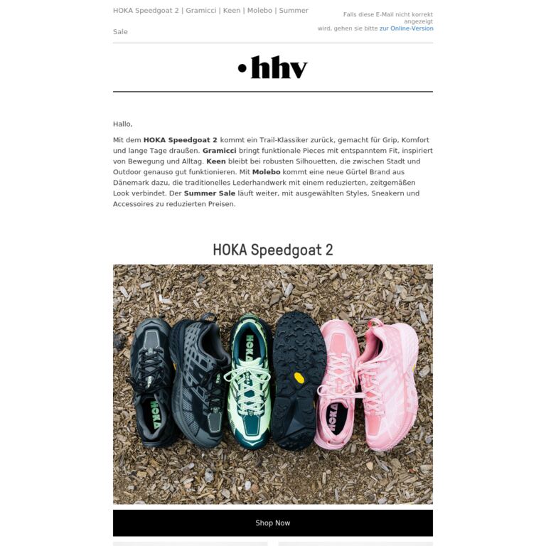 HOKA Speedgoat 2 | Gramicci | Keen | Molebo | Summer Sale - newsletter screenshot