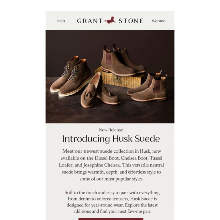 New Suede Arrivals - newsletter screenshot