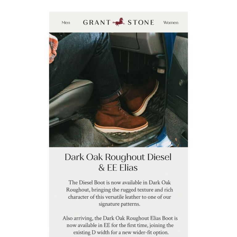 New Dark Oak Roughout Diesel + Elias in EE - newsletter screenshot