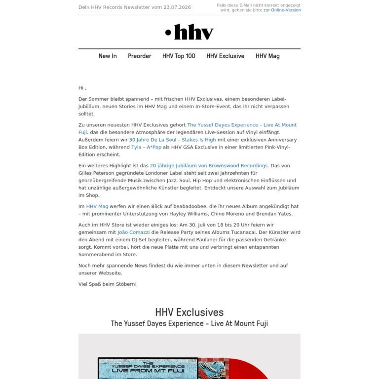 The Yussef Dayes Experience | De La Soul | Tyla | Brownswood 20th Anniversary - newsletter screenshot