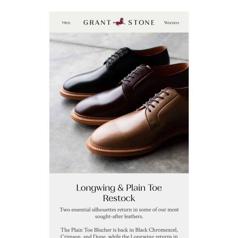 Restocked: Plain Toe & Longwing Styles - newsletter screenshot