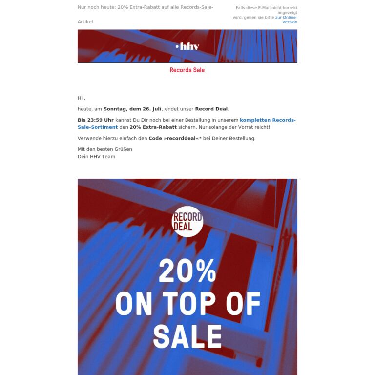 Nur noch bis 23:59 Uhr - 20% Extra-Rabatt auf alle Records Sale Artikel! - newsletter screenshot