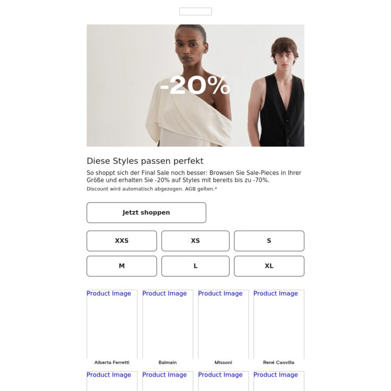 Final Sale nach Größe shoppen - newsletter screenshot