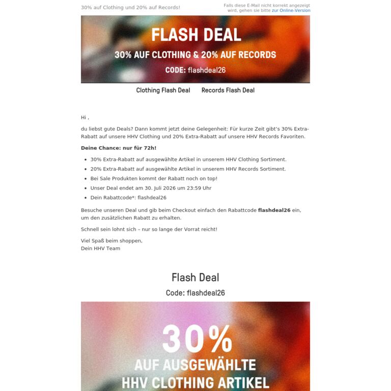 Nur für 72h! 30% auf Clothing Artikel & 20% auf Records Artikel! Nur bis 30. Juli! - newsletter screenshot