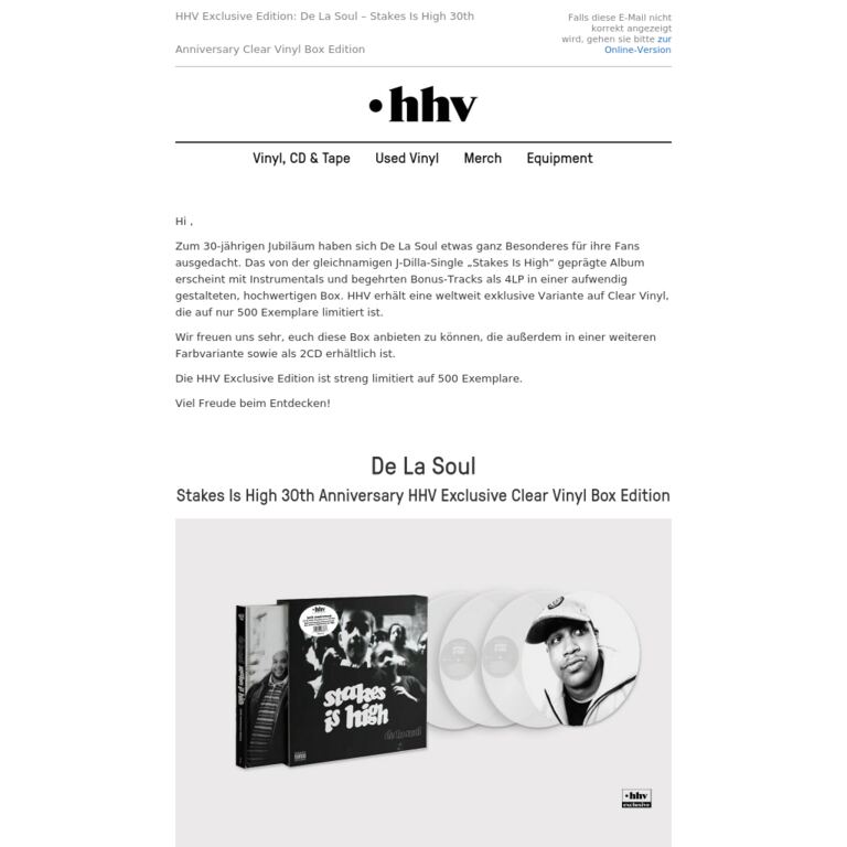HHV Exclusive Edition: De La Soul - Stakes Is High 30th Anniversary Clear Vinyl Box Edition - newsletter screenshot