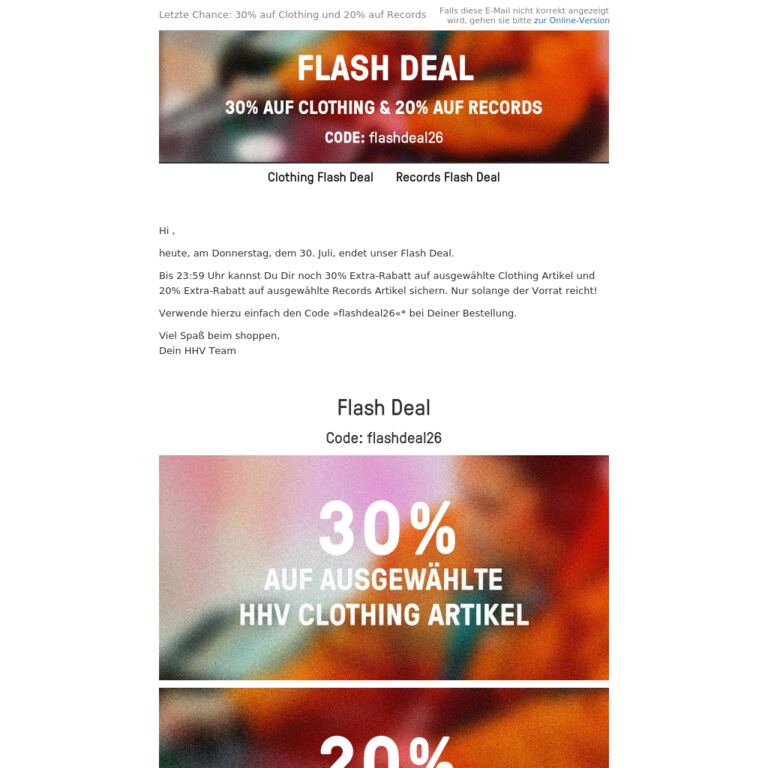 Nur noch bis 23:59 Uhr - 30% auf Clothing Artikel & 20% auf Records Artikel! - newsletter screenshot