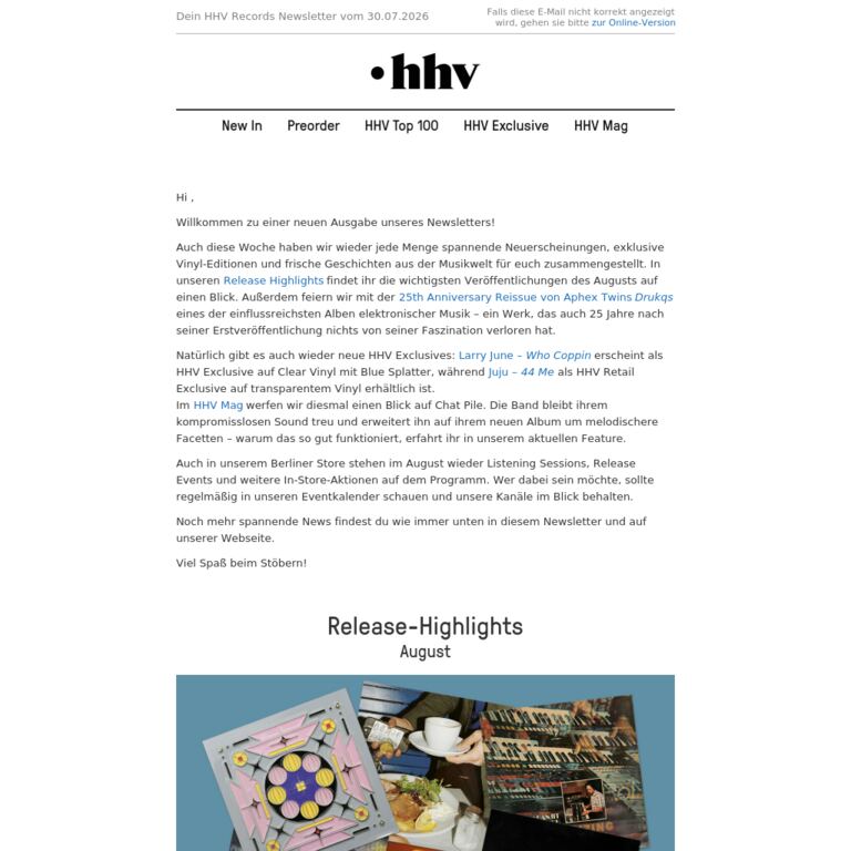 Release-Highlights August  | Larry June | Aphex Twin | Juju - newsletter screenshot