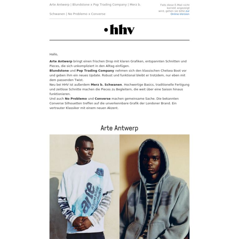 Arte Antwerp | Blundstone x Pop Trading Company | Merz b. Schwanen | No Problemo x Converse - newsletter screenshot