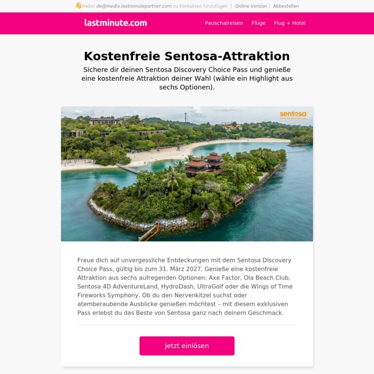 Kostenfreie Sentosa-Attraktion! - newsletter screenshot