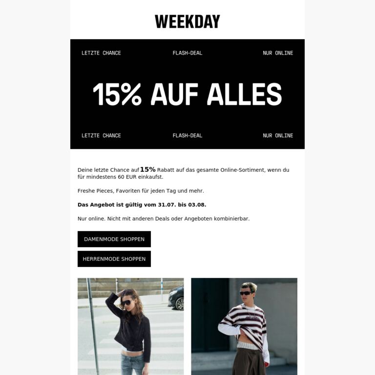 Angebot endet in Kürze 15% auf alles - newsletter screenshot