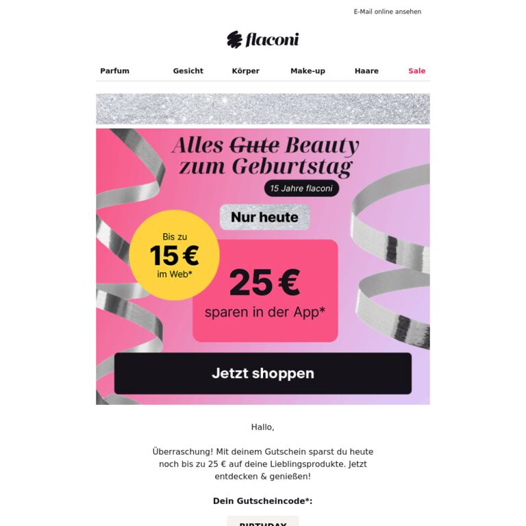 Überraschung! Heute noch 25 € sparen 🎉 - newsletter screenshot