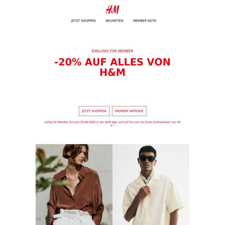 -20% auf alles von H&M - newsletter screenshot