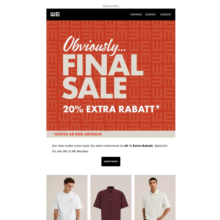 Bis Montag: 20 % Extra auf den Finalen Sale - newsletter screenshot
