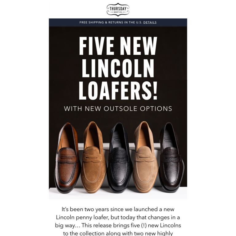 Five New Lincoln Loafers! - newsletter screenshot