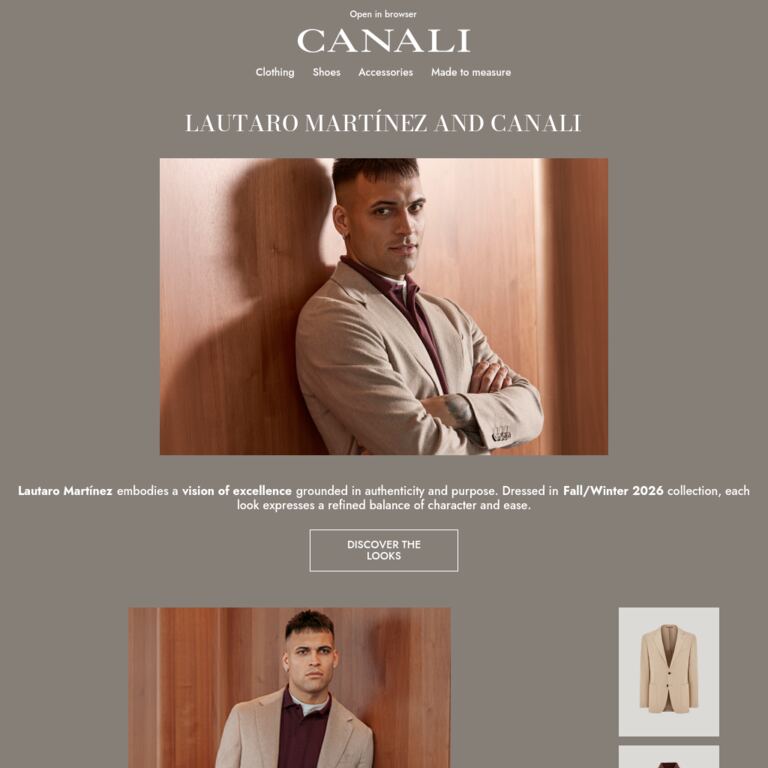 Lautaro Martínez wears the Canali FW Collection - newsletter screenshot
