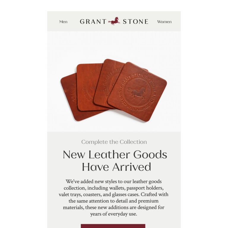 New Leather Goods Have Arrived - newsletter screenshot